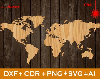 Wereldkaart laser gesneden sjabloon. Cnc-bestand Vector cnc cdr-bestanden. Kaart voor snijden en graveren, sjabloon snijpatroon