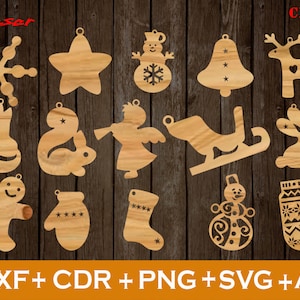 May include: A set of 14 laser cut wooden Christmas ornaments featuring various designs, including a snowflake, a star, a snowman, a bell, a reindeer, a fox, a squirrel, an angel, a sleigh, a bunny, a gingerbread man, a mitten, a stocking, and a snowman with a snowflake design.  The ornaments are made of natural wood and have a rustic, vintage look.