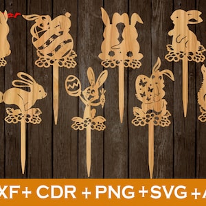 Pode incluir: Conjunto de nove toppers de bolo de madeira cortados a laser em forma de coelho da Páscoa e pintinho. Os toppers apresentam vários designs, incluindo coelhos segurando ovos, coelhos com borboletas e um pintinho. Os toppers são perfeitos para adicionar um toque festivo à sua celebração da Páscoa.