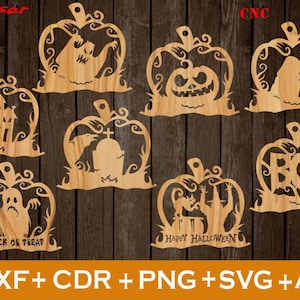 Set von 8 Halloween Laser gravieren, Halloween Laser schneiden, Halloween SVG, Halloween Laser SVG, mit Löchern zum Aufhängen, Halloween Laserdateien