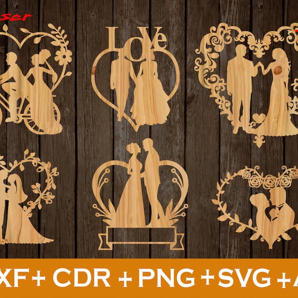 Signes de mariage SVG, ensemble de 6 coeur de mariage SVG, signe de coeur de mariage, SVG de mariage, signes de mariage, signes de décor de mariage, bois de signes de mariage,