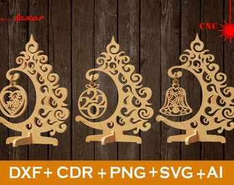 Ornamento di Natale svg, Set di 3 file di decorazione dell'albero di Natale CNC, Ornamenti di Natale SVG, file CNC vettoriale, file deco tagliato al laser