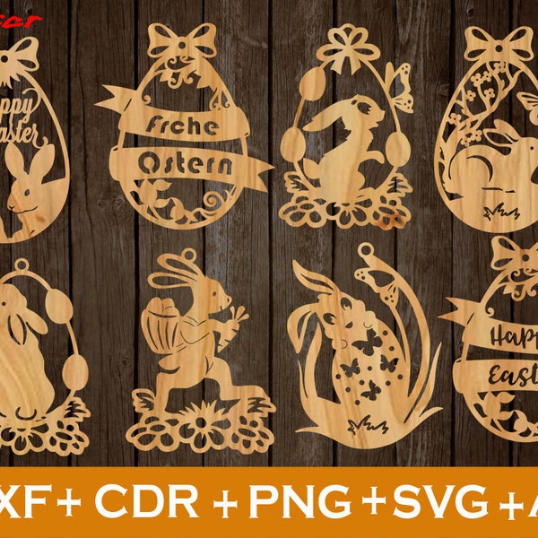 Erstaunlicher Hase Ostern svg, Set von 8 Ostern Laser Cut svg-Datei CNC, Ostern SVG, Ostern Ornamente SVG, Vektor-Cnc-Datei, Laser geschnittener Holzhase