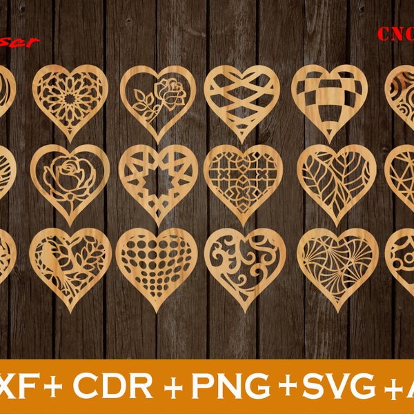 Corazones San Valentín SVG, Corazón Svg, San Valentín Svg, Amor Svg, Conjunto de 18 corazones Svg, Vector archivo cnc, archivo de corte láser deco, con y sin agujero