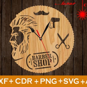 Laser cut clock Wooden clock on the wall for Barber Shop, laser cut vector wall clok template ai dxf cdr svg, cnc files for cutting