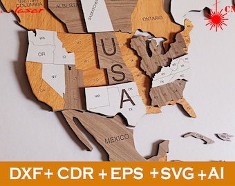 May include: A wooden map of the United States with each state cut out as a separate piece. The states are labeled with their abbreviations. The map is on a white background. The text "DXF+CDR+EPS+SVG+AI" is at the bottom of the image.