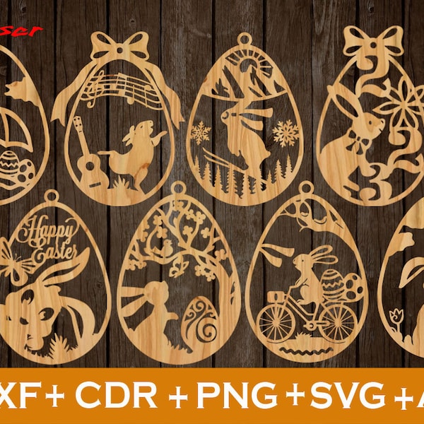 Bunny Easter svg, Set of 8 Easter Laser Cut svg file CNC, Easter SVG, Easter Ornaments SVG, Vector cnc file, Laser Cut wood Bunny