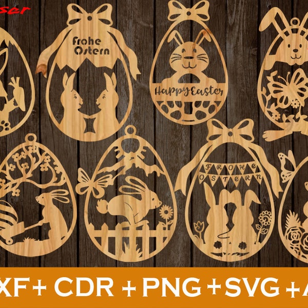 Set of 8 Easter Laser Cut svg file CNC, Bunny Easter svg, Easter SVG, Easter Ornaments SVG, Vector cnc file, Laser Cut wood Bunny