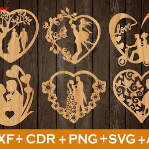 May include: Six laser cut wooden heart designs featuring different couples in various poses. The hearts are decorated with floral patterns, butterflies, and the word "love".