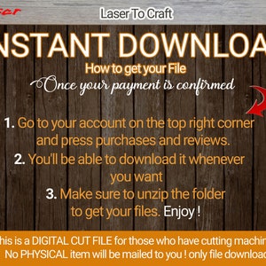 Puede incluir: Un gr&aacute;fico de descarga digital con un fondo de madera y texto rojo que dice "INSTANT DOWNLOAD". El gr&aacute;fico incluye instrucciones sobre c&oacute;mo descargar el archivo despu&eacute;s de la compra.