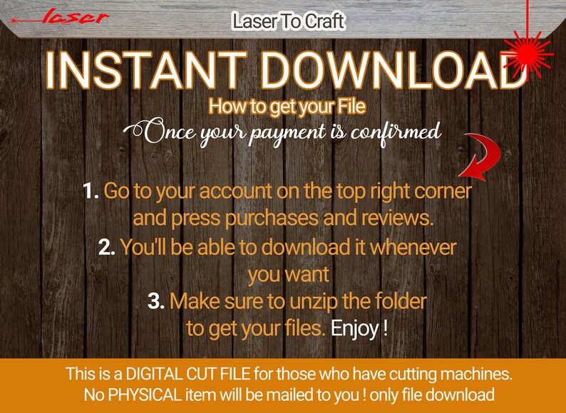 Puede incluir: Un gr&aacute;fico de descarga digital con un fondo de madera y texto rojo que dice "INSTANT DOWNLOAD". El gr&aacute;fico incluye instrucciones sobre c&oacute;mo descargar el archivo despu&eacute;s de la compra.