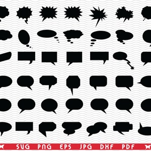 May include: A collection of black speech bubbles in various shapes and sizes. The bubbles include oval, rectangular, and starburst designs, suitable for digital art or graphic design projects. The image also includes file type indicators: SVG, PNG, EPS, JPG, DXF, and PDF.