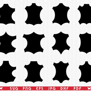 May include: A collection of black leather hide shapes, arranged in rows and columns. The shapes have a distinctive irregular outline, with curved edges and notches. The bottom of the image features file type abbreviations: SVG, PNG, EPS, JPG, DXF, and PDF.