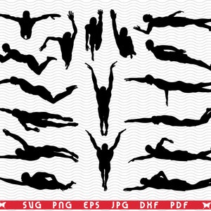 May include: A collection of black silhouette illustrations of swimmers in various positions. The swimmers are depicted in different stages of a swimming stroke, with arms extended and bodies streamlined. The image includes file type notations: SVG, PNG, EPS, JPG, DXF, and PDF.
