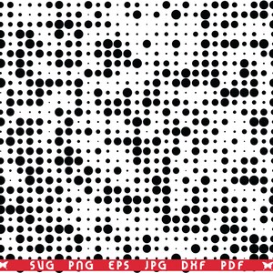 Könnte beinhalten: Abstraktes schwarz-weißes digitales Kunstmuster. Das Design zeigt ein sich wiederholendes Muster aus schwarzen Kreisen unterschiedlicher Größe auf weißem Hintergrund. Der untere Teil des Bildes enthält roten Text mit Dateityp-Abkürzungen.