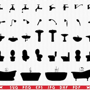 SVG Bathroom Elements, Black silhouettes digital clipart, Files eps, jpg, Bathroom Design vector, Instant download svg, png, dxf for Cricut