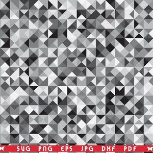 Könnte beinhalten: Abstraktes geometrisches Design aus Graustufen-Dreiecken. Das Muster zeigt eine mosaikartige Anordnung verschiedener Grautöne, die einen strukturierten und visuell dynamischen Effekt erzeugt. Der untere Teil des Bildes enthält den Text "SVG PNG EPS JPG DXF PDF".