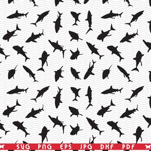 SVG Sharks, Seamless Silhouettes, Digital clipart, Files eps, jpg, Sharks, Fish, Design vector, Instant download svg, png, dxf for Cricut