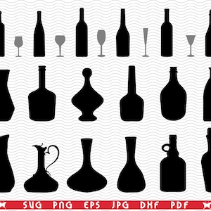 SVG glazen en flessen, zwart silhouet, digitale clipart, bestanden eps, jpg, ontwerp vector, Instant download svg, png, dxf voor Cricut