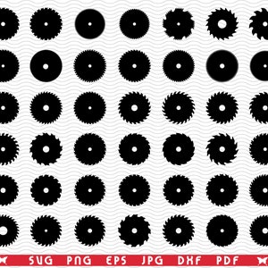 Puede incluir: Una colección de diseños de hojas de sierra circular negras en varios tamaños y patrones de dientes. La imagen incluye una variedad de formatos de archivo SVG, PNG, EPS, JPG, DXF y PDF.