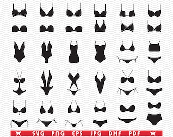 May include: A collection of black swimwear silhouettes, including various bikini tops, bottoms, and one-piece swimsuits. The designs range from classic to contemporary styles, suitable for beach or pool wear. The image also includes file type icons: SVG, PNG, EPS, JPG, DXF, and PDF.