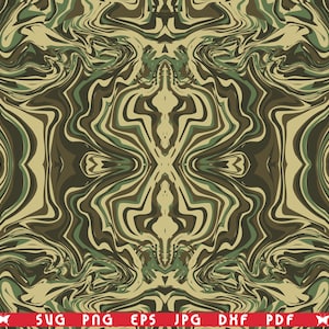 May include: Abstract camouflage pattern in shades of green, brown, and tan. The design features a swirling, marbled effect, creating a symmetrical, organic look. The bottom of the image has the text "SVG PNG EPS JPG DXF PDF".