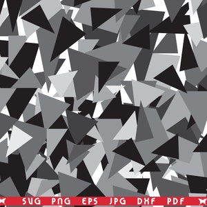 Op de afbeelding: Abstract geometrisch patroon met overlappende driehoeken in grijstinten en zwart tegen een witte achtergrond. Het ontwerp creëert een dynamisch, gelaagd effect. De onderkant van de afbeelding bevat rode tekst.