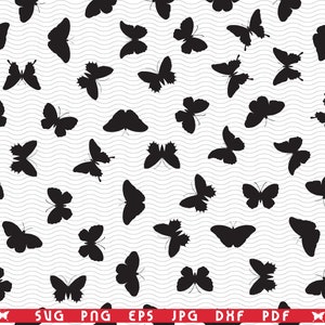 Papillons SVG, modèle sans couture, silhouettes noires sur blanc, clipart numérique, fichiers eps, jpg, téléchargement immédiat svg, png, dxf pour Cricut