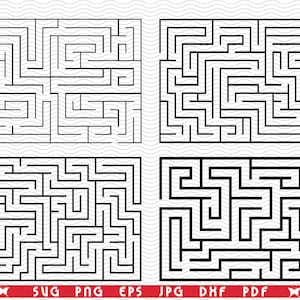 Può includere: Quattro labirinti in bianco e nero di diversi livelli di difficoltà. I labirinti sono rettangolari e presentano percorsi intricati. La parte inferiore dell'immagine mostra le opzioni di formato file: SVG, PNG, EPS, JPG, DXF e PDF.
