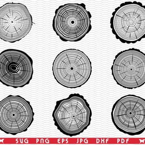 May include: Nine black and white tree ring illustrations with concentric circles and radial lines, showcasing the growth rings of a tree. The image includes file type options: SVG, PNG, EPS, JPG, DXF, and PDF.