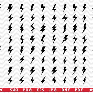 May include: A collection of black lightning bolt graphics in various shapes and sizes, arranged on a white background with a wavy pattern. The image includes file type indicators: SVG, PNG, EPS, JPG, DXF, and PDF.