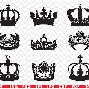 Coronas SVG, siluetas negras aisladas, imágenes prediseñadas digitales, archivos eps, jpg, diseño de coronas vectoriales, descarga instantánea svg, png, dxf para Cricut