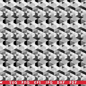 May include: A repeating geometric pattern composed of grayscale triangles and parallelograms. The design features a range of shades from light gray to black, creating a three-dimensional effect. The bottom of the image includes text indicating file formats: SVG, PNG, EPS, JPG, DXF, and PDF.