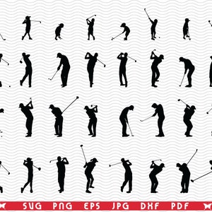 Könnte beinhalten: Schwarze Silhouette-Illustrationen von Golfspielern in verschiedenen Schwungposen. Das Bild zeigt mehrere Figuren in verschiedenen Phasen eines Golfschwungs mit Golfschlägern. Der untere Teil des Bildes enthält den Text "SVG PNG EPS JPG DXF PDF".