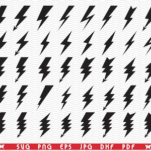 May include: A collection of black lightning bolt graphics in various styles. Some bolts have downward-pointing arrows. The image includes file format labels: SVG, PNG, EPS, JPG, DXF, and PDF, in a red banner at the bottom.