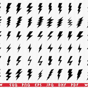 May include: A collection of black lightning bolt graphics in various styles. The image features multiple variations of the lightning bolt symbol, arranged in rows and columns against a white background with a subtle wave pattern.