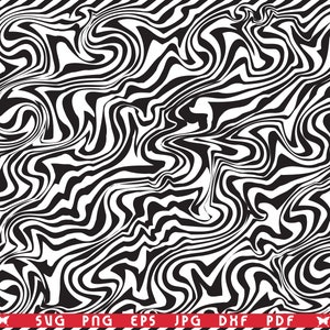 May include: Black and white abstract design with swirling, wavy lines. The pattern resembles a zebra print or a liquid marble effect. The image includes file type labels: SVG, PNG, EPS, JPG, DXF, and PDF.