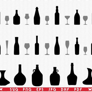 SVG glazen en flessen, zwart silhouet, digitale clipart, bestanden eps, jpg, ontwerp vector, Instant download svg, png, dxf voor Cricut