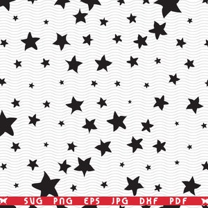 May include: A black star pattern on a white background. The stars vary in size and are scattered. The background has a wavy line design. The image includes the text "SVG PNG EPS JPG DXF PDF".