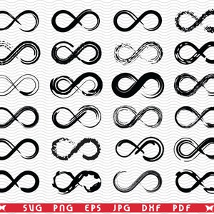 Puede incluir: Una colección de diseños de símbolos de infinito negros en varios estilos. Algunos son sólidos, otros tienen un efecto de pincelada y otros están delineados. Los símbolos están dispuestos sobre un fondo blanco con un sutil patrón de ondas. Opciones de tipo de archivo en la parte inferior.