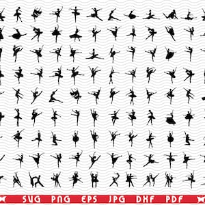 May include: A collection of black silhouette images of ballerinas in various dance poses. The dancers are in different positions, including leaps, turns, and arabesques. The image includes file type options: SVG, PNG, EPS, JPG, DXF, and PDF.