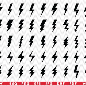 May include: A collection of black lightning bolt graphics in various styles. The image features multiple lightning bolt designs, each with a unique shape and orientation. The bottom of the image includes file type options: SVG, PNG, EPS, JPG, DXF, and PDF.