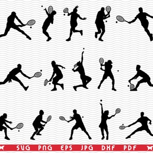 Peut inclure: Graphique noir et blanc avec des silhouettes de joueurs de tennis en action. Chaque joueur est représenté avec une raquette et une balle de tennis, dans des poses dynamiques. Le fond présente un motif ondulé.