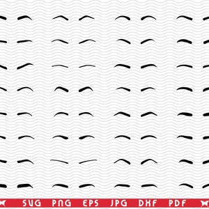 Puede incluir: Una colección de formas de cejas negras en varios estilos, dispuestas en filas sobre un fondo gris claro ondulado. La parte inferior de la imagen presenta texto rojo con abreviaturas de tipos de archivo: SVG, PNG, EPS, JPG, DXF y PDF.