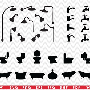 SVG Bathroom Elements, Black silhouettes digital clipart, Files eps, jpg, Bathroom Design vector, Instant download svg, png, dxf for Cricut