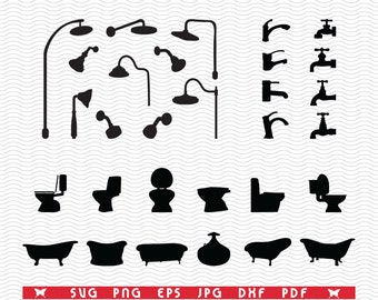 SVG Bathroom Elements, Black silhouettes digital clipart, Files eps, jpg, Bathroom Design vector, Instant download svg, png, dxf for Cricut
