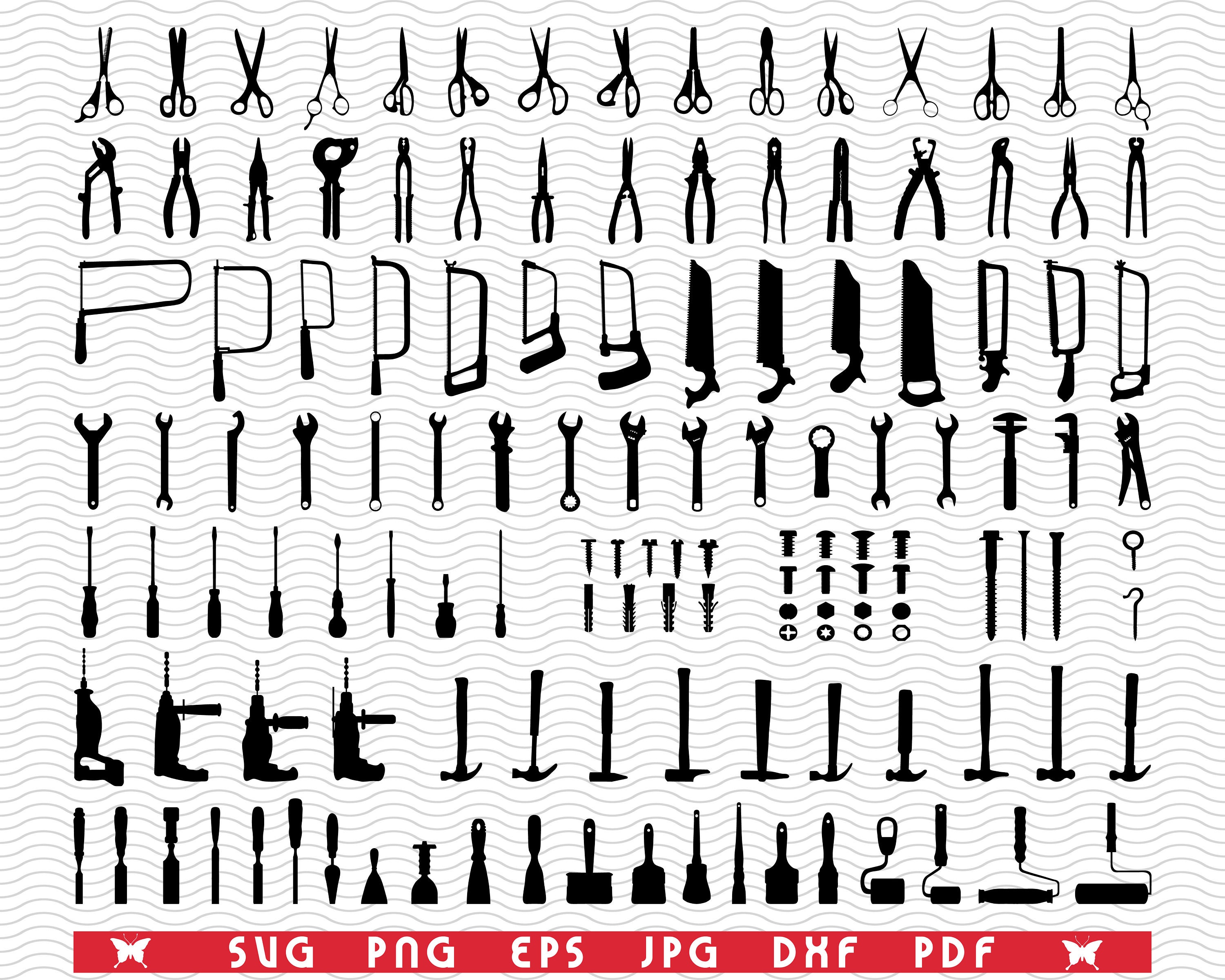 SVG Hand Tools, Black Silhouettes, Digital Clipart, Files Eps, Jpg ...