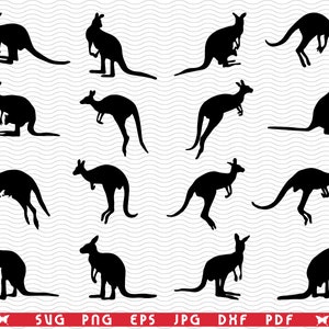 May include: A collection of black kangaroo silhouettes in various poses. The image features kangaroos in different stances, including hopping, standing, and with a joey in its pouch. The bottom of the image includes file type options: SVG, PNG, EPS, JPG, DXF, and PDF.
