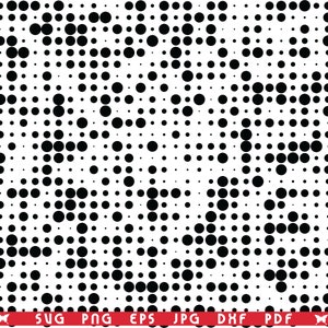 Könnte beinhalten: Abstraktes schwarz-weißes digitales Kunstmuster. Das Design zeigt eine zufällige Anordnung von schwarzen Kreisen unterschiedlicher Größe auf weißem Hintergrund. Der untere Teil des Bildes enthält roten Text mit Dateityp-Abkürzungen.