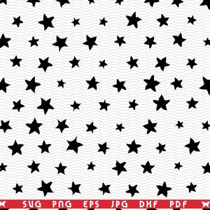 May include: A repeating pattern of black stars of varying sizes on a white background with wavy lines. The stars are evenly spaced and create a visually appealing design. The bottom of the image contains the text "SVG PNG EPS JPG DXF PDF".